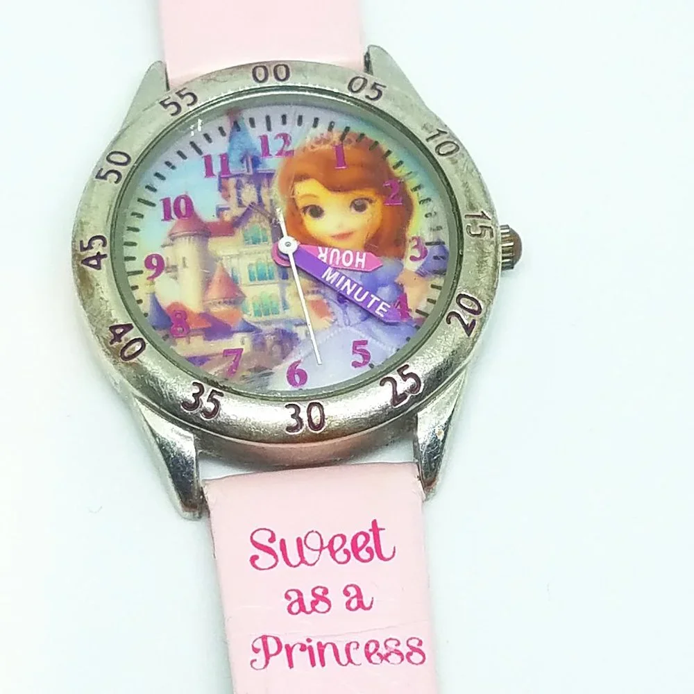 Teach How Tell Time - Disney Princess Castle Pink Leather Band Child Girl Watch